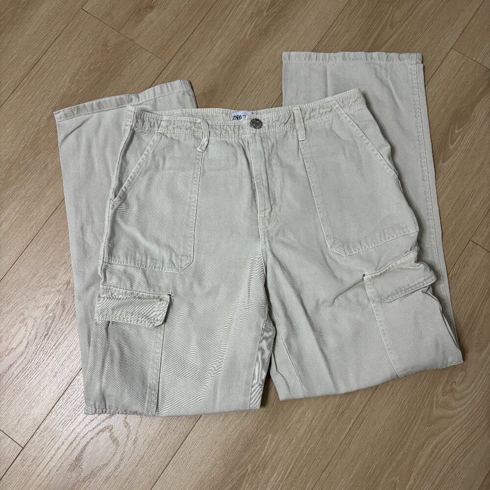 Zara Wide Leg Beige Cream Cargo Pant Loose Fit Low Rise Size 10